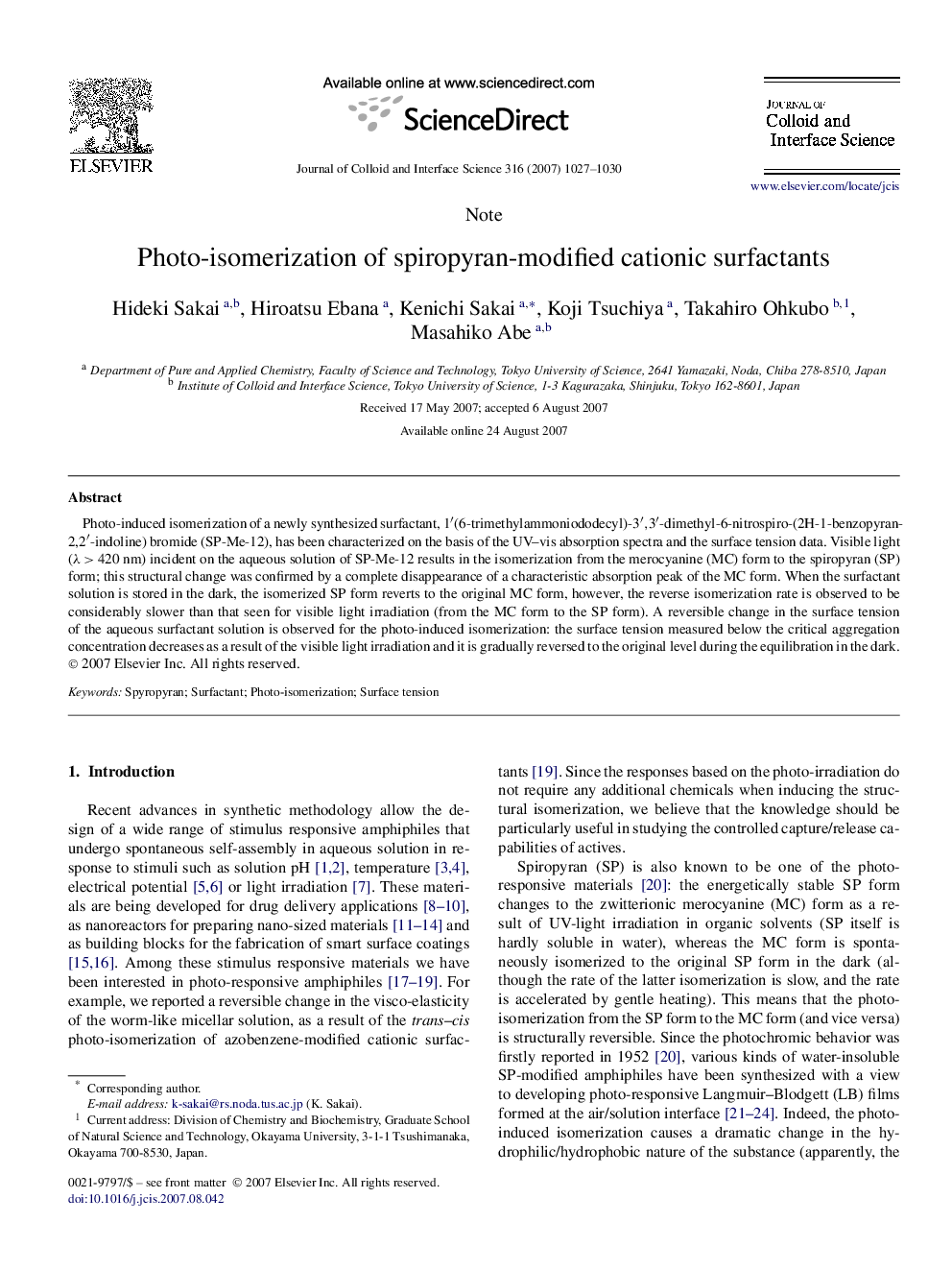 Photo-isomerization of spiropyran-modified cationic surfactants