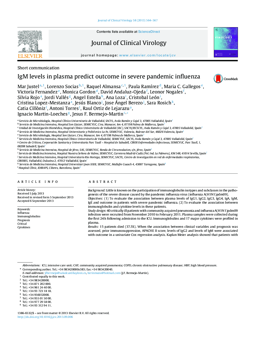 IgM levels in plasma predict outcome in severe pandemic influenza