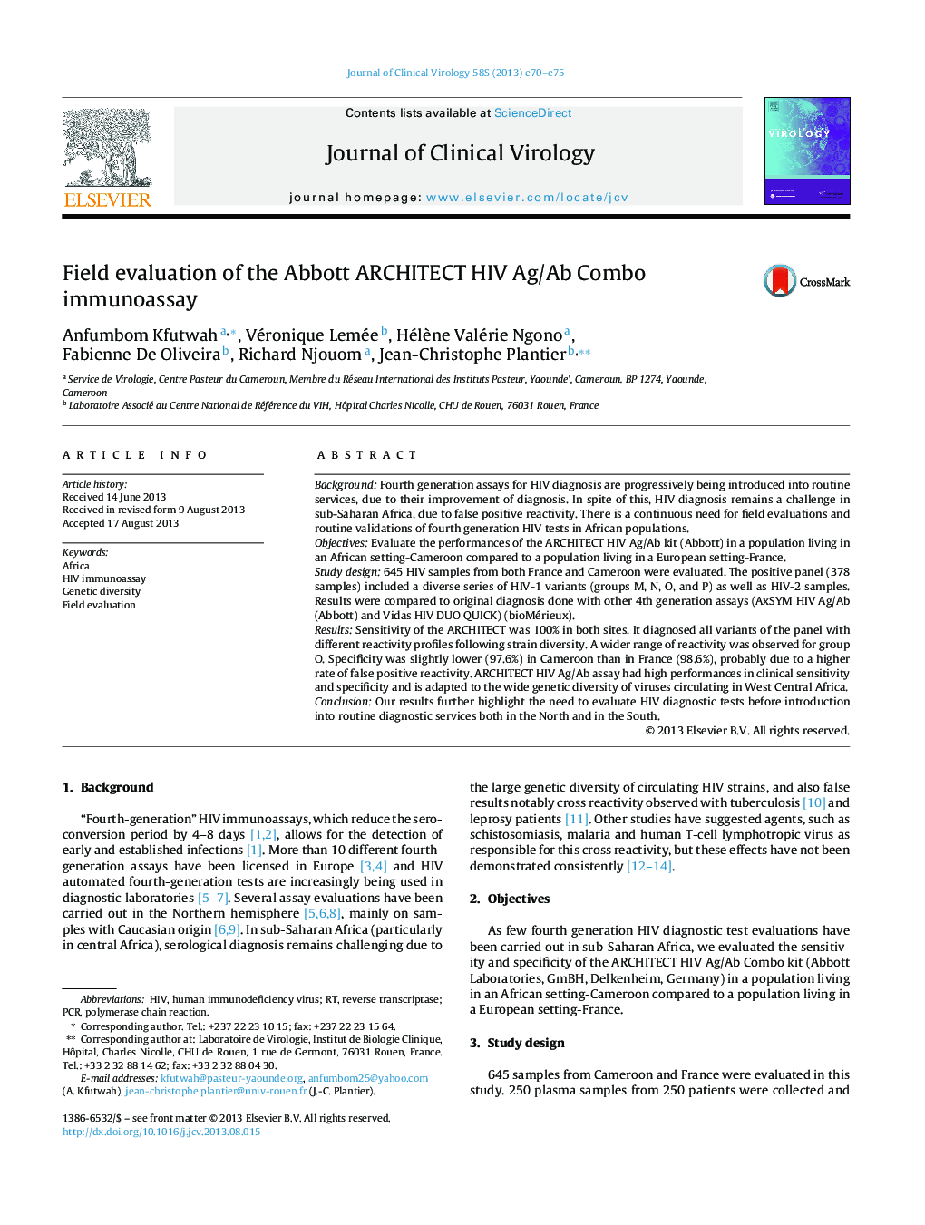 Field evaluation of the Abbott ARCHITECT HIV Ag/Ab Combo immunoassay