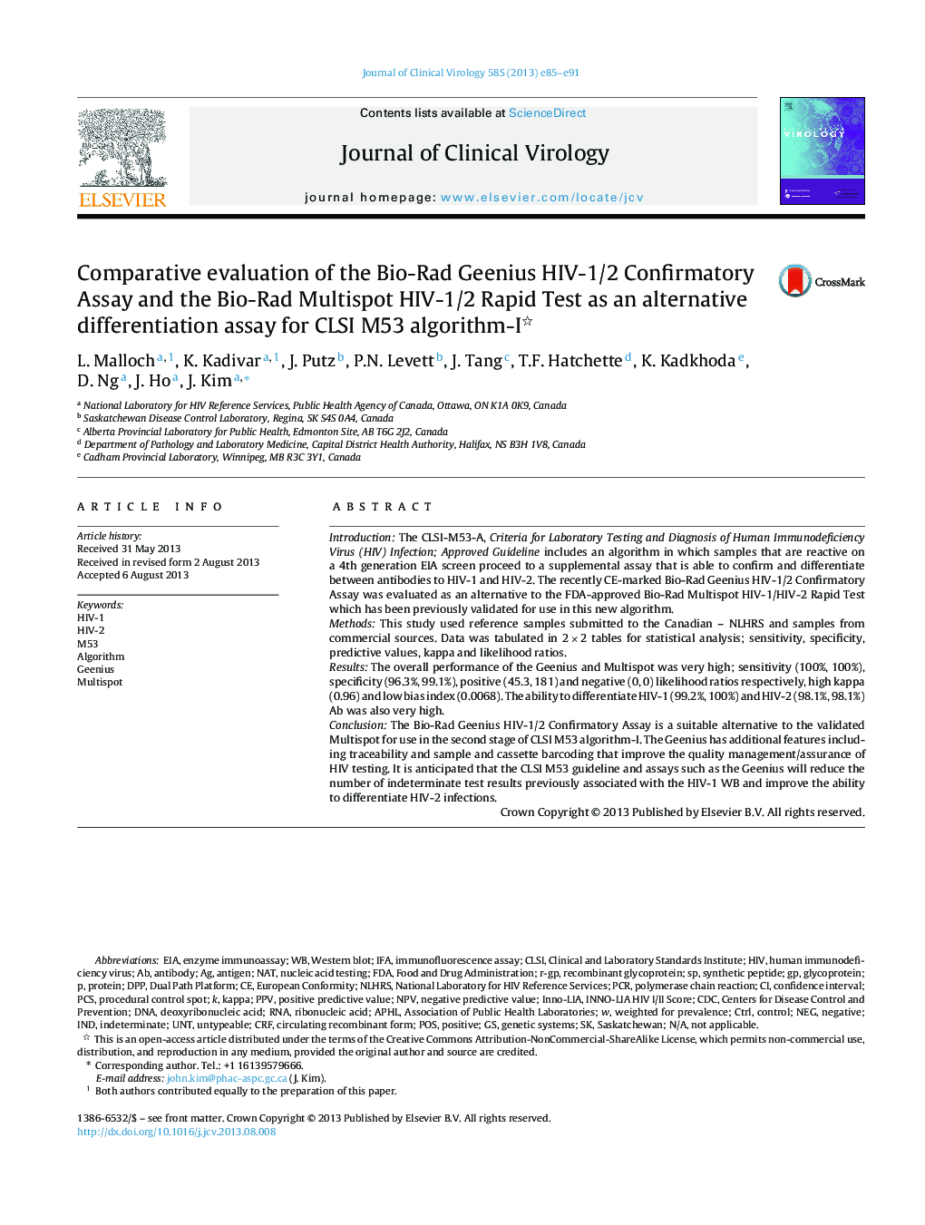 Comparative evaluation of the Bio-Rad Geenius HIV-1/2 Confirmatory Assay and the Bio-Rad Multispot HIV-1/2 Rapid Test as an alternative differentiation assay for CLSI M53 algorithm-I