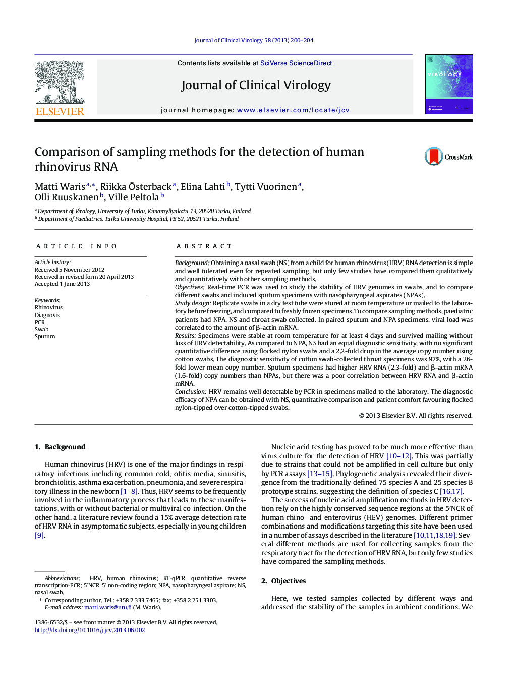 Comparison of sampling methods for the detection of human rhinovirus RNA