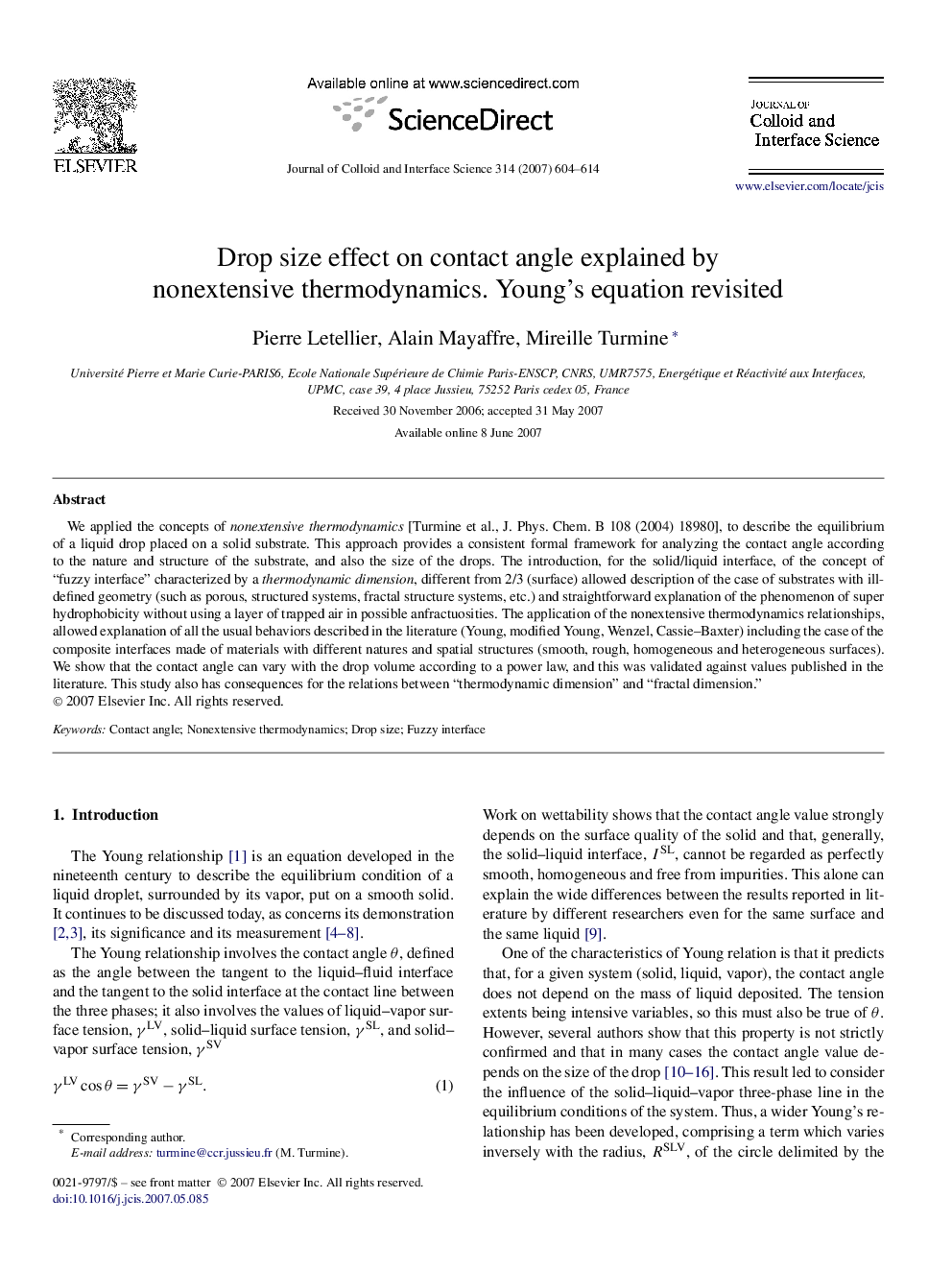 Drop size effect on contact angle explained by nonextensive thermodynamics. Young's equation revisited