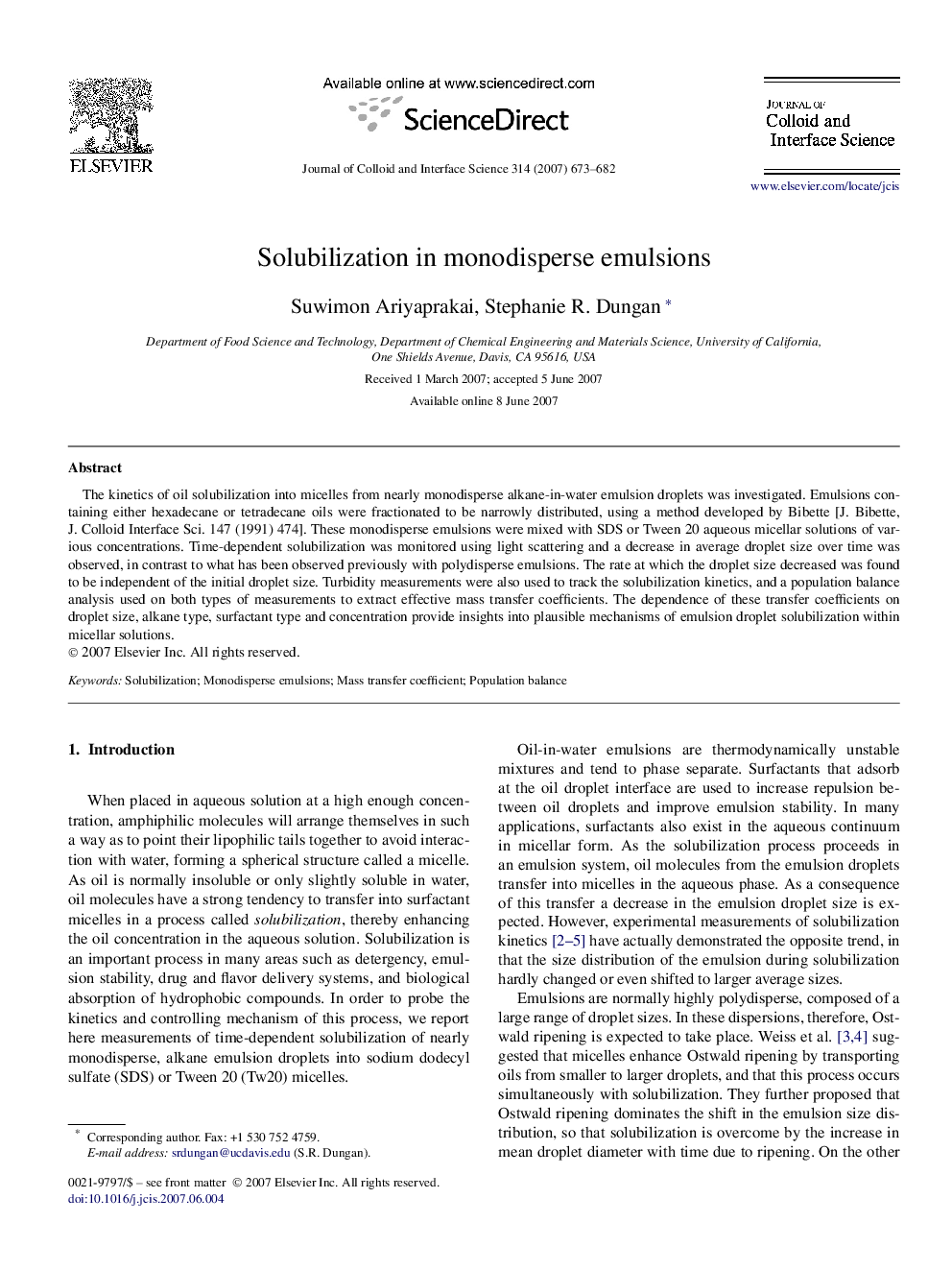 Solubilization in monodisperse emulsions