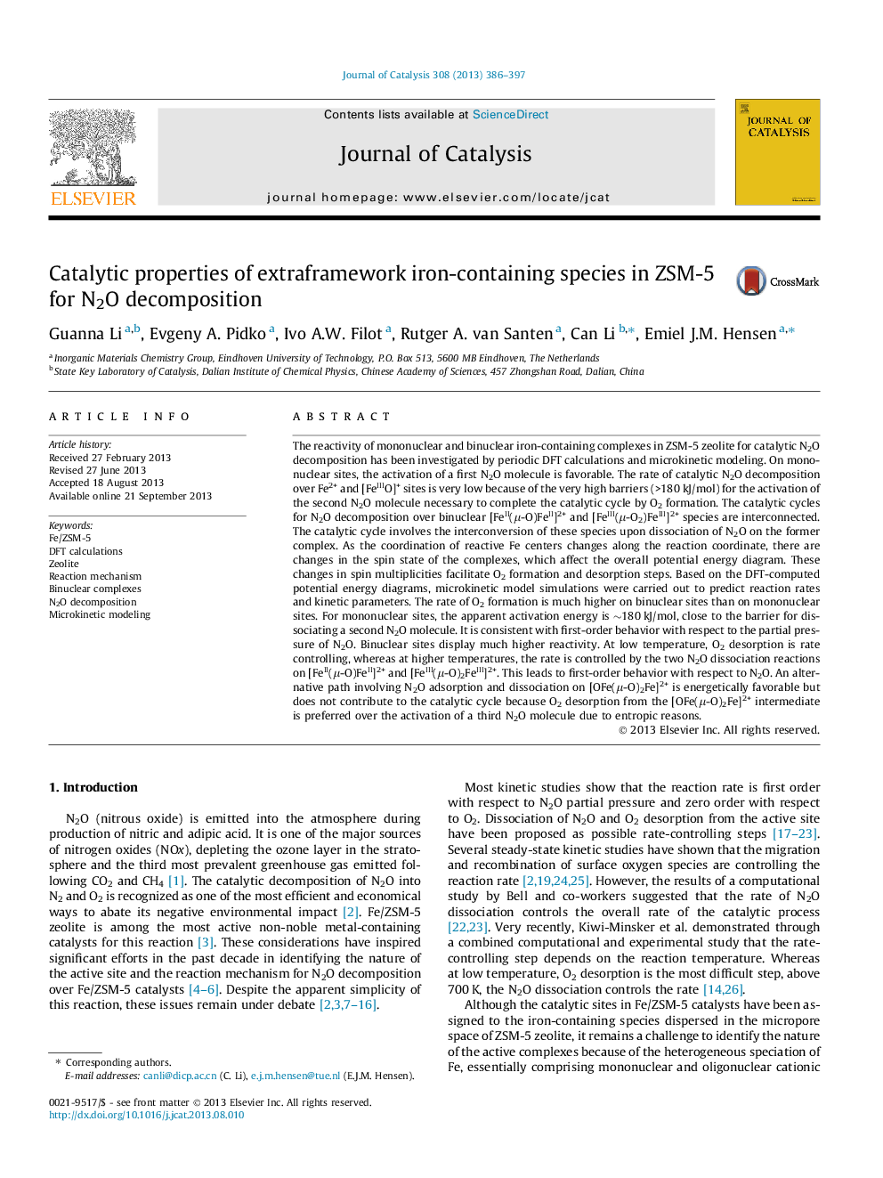 Catalytic properties of extraframework iron-containing species in ZSM-5 for N2O decomposition