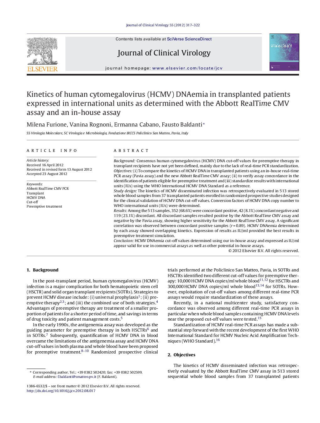 Kinetics of human cytomegalovirus (HCMV) DNAemia in transplanted patients expressed in international units as determined with the Abbott RealTime CMV assay and an in-house assay