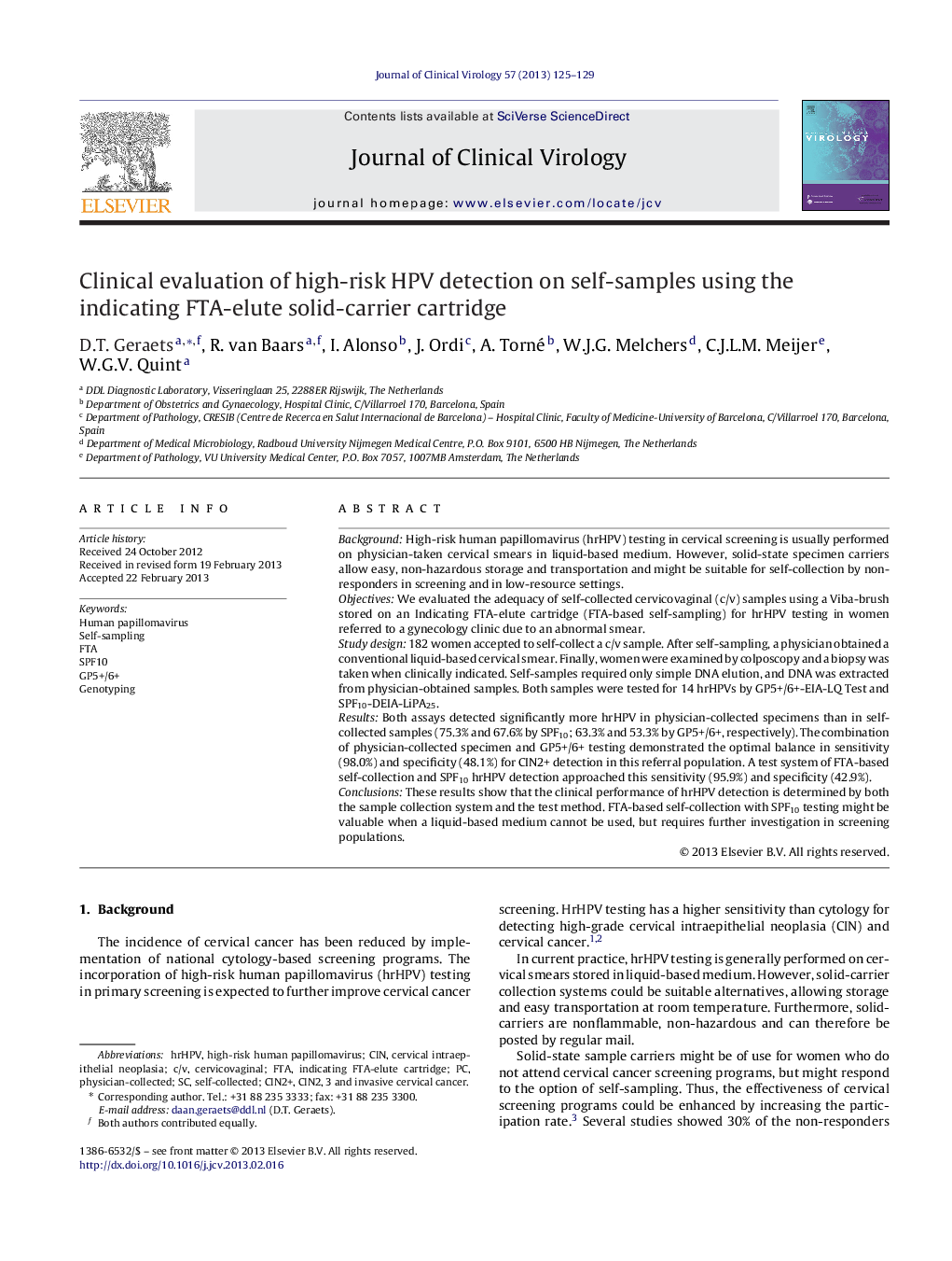 Clinical evaluation of high-risk HPV detection on self-samples using the indicating FTA-elute solid-carrier cartridge