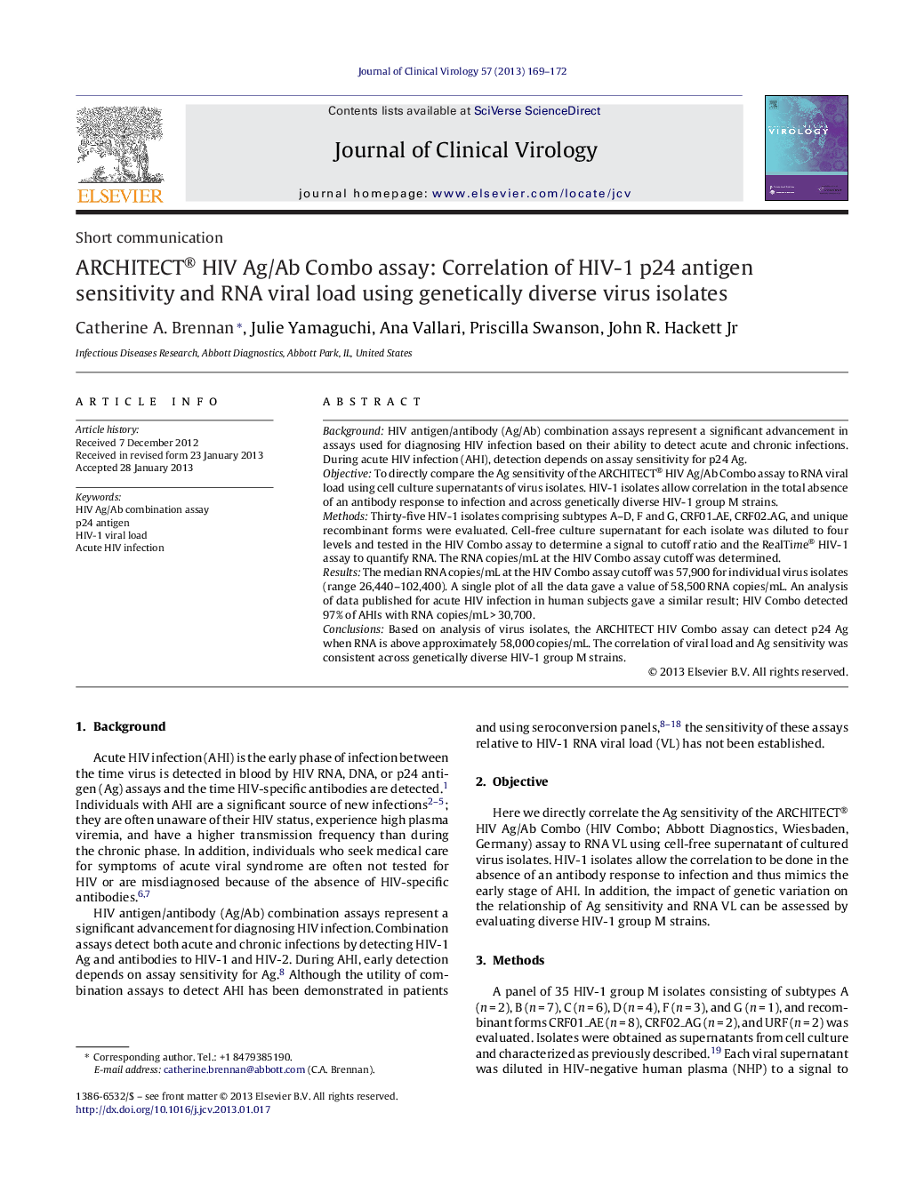 ARCHITECT® HIV Ag/Ab Combo assay: Correlation of HIV-1 p24 antigen sensitivity and RNA viral load using genetically diverse virus isolates