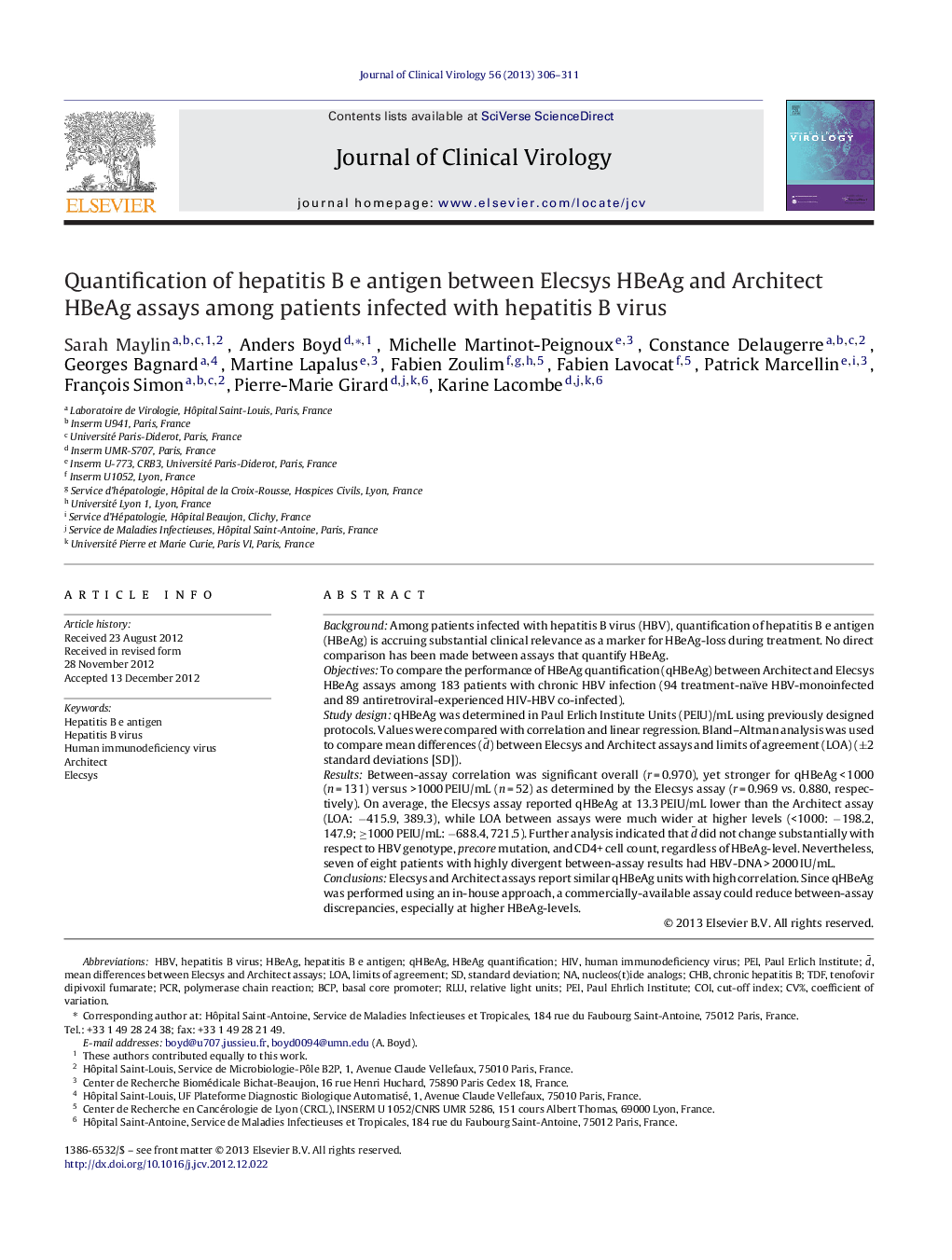 Quantification of hepatitis B e antigen between Elecsys HBeAg and Architect HBeAg assays among patients infected with hepatitis B virus