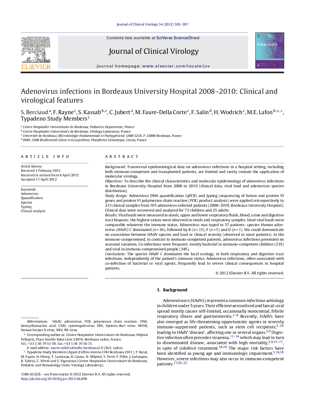 Adenovirus infections in Bordeaux University Hospital 2008-2010: Clinical and virological features