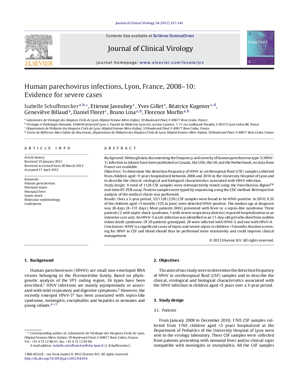 Human parechovirus infections, Lyon, France, 2008-10: Evidence for severe cases