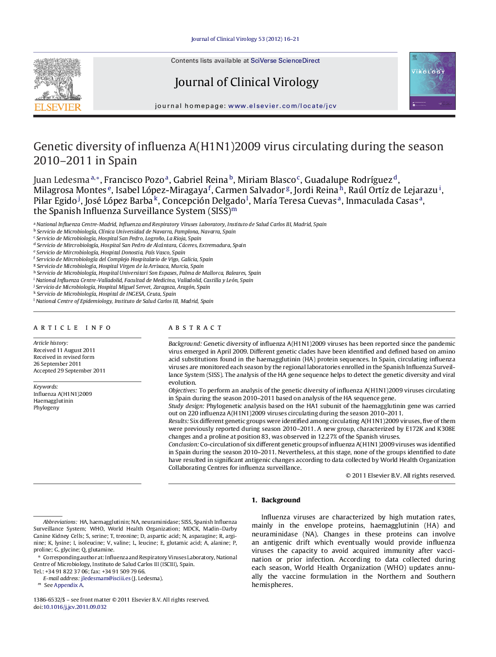 Genetic diversity of influenza A(H1N1)2009 virus circulating during the season 2010-2011 in Spain