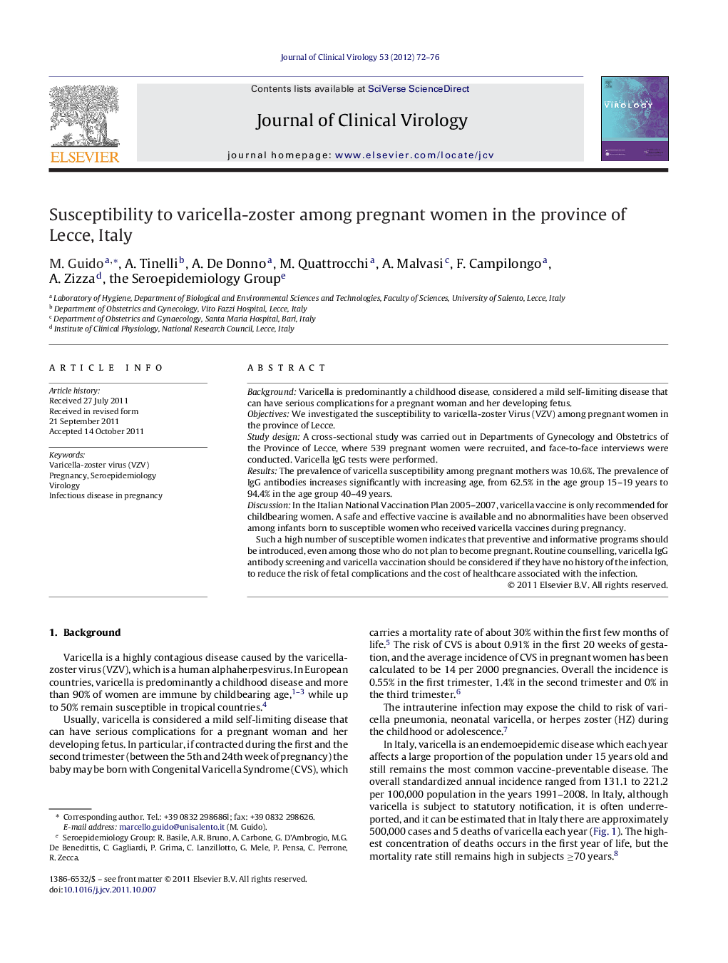 Susceptibility to varicella-zoster among pregnant women in the province of Lecce, Italy