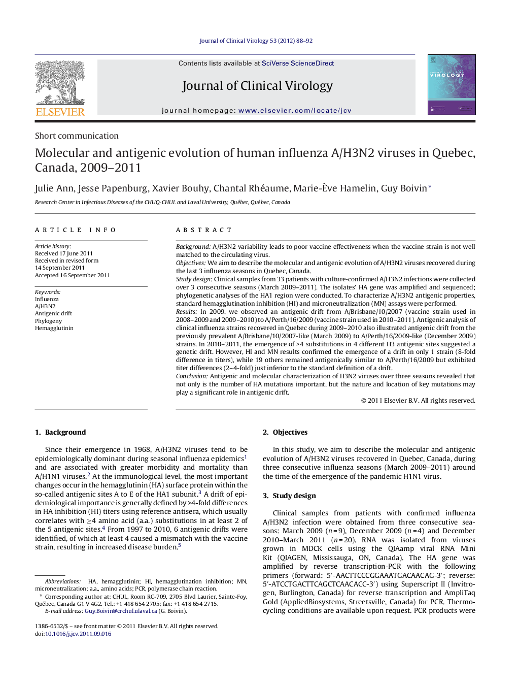 Molecular and antigenic evolution of human influenza A/H3N2 viruses in Quebec, Canada, 2009-2011