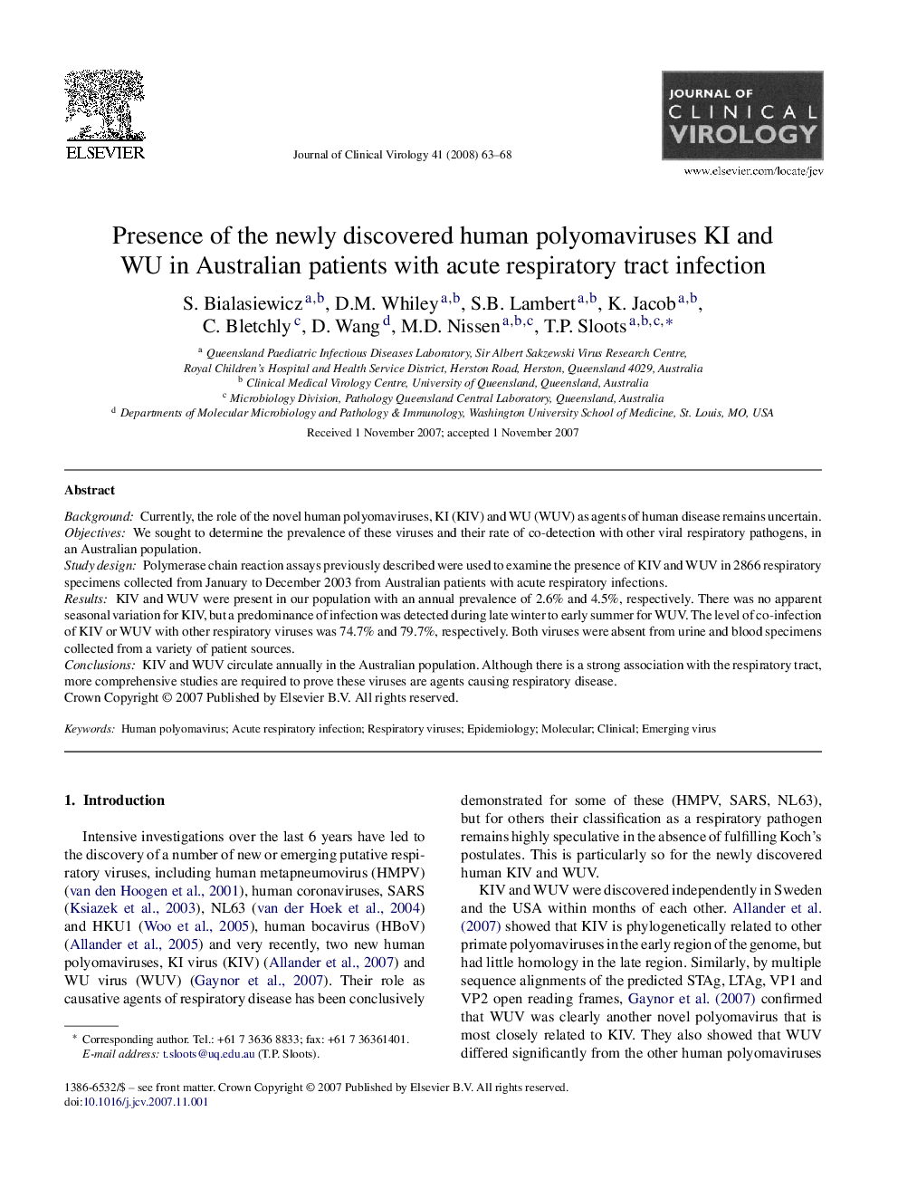 Presence of the newly discovered human polyomaviruses KI and WU in Australian patients with acute respiratory tract infection