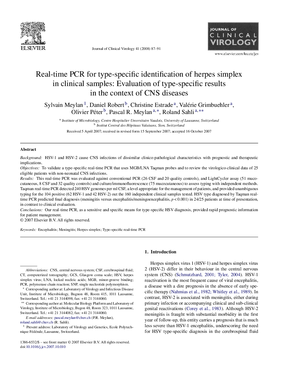 Real-time PCR for type-specific identification of herpes simplex in clinical samples: Evaluation of type-specific results in the context of CNS diseases