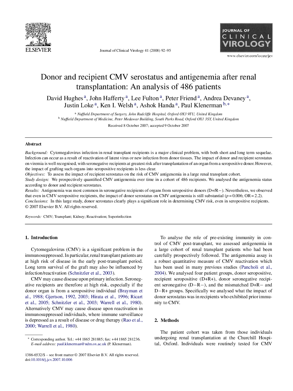 Donor and recipient CMV serostatus and antigenemia after renal transplantation: An analysis of 486 patients