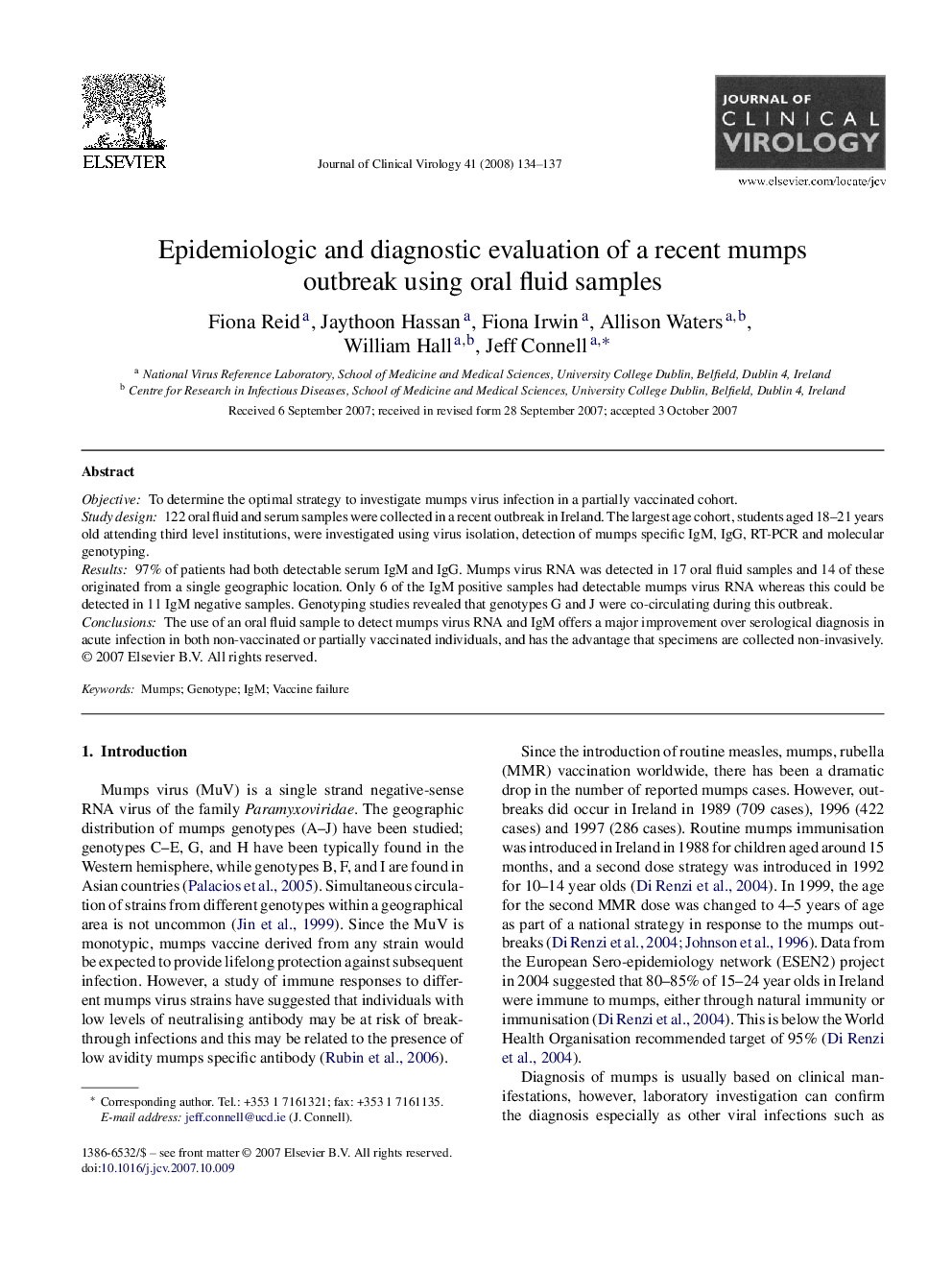 Epidemiologic and diagnostic evaluation of a recent mumps outbreak using oral fluid samples