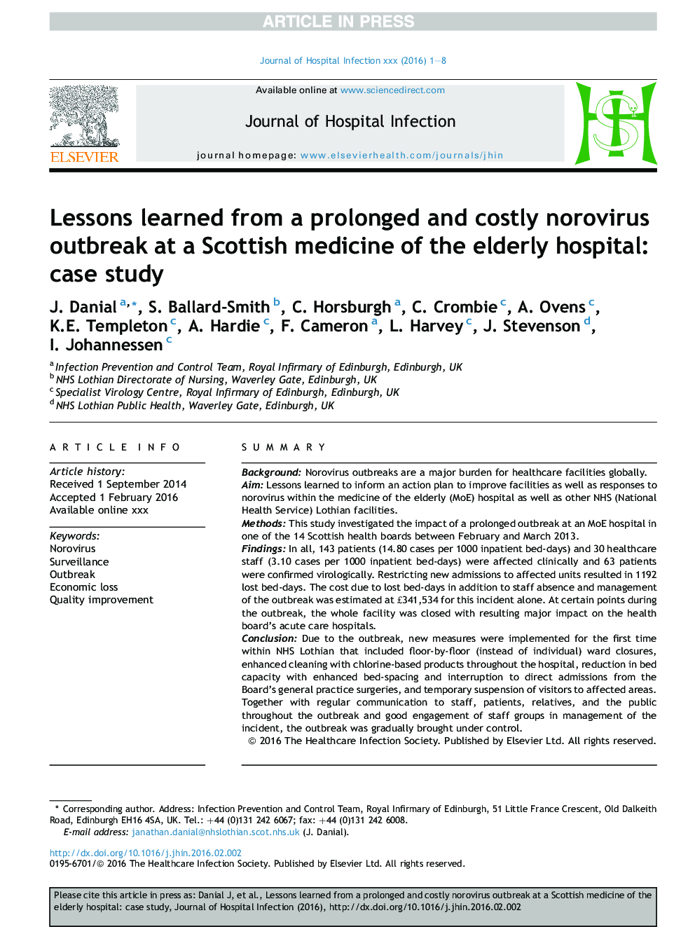 Lessons learned from a prolonged and costly norovirus outbreak at a Scottish medicine of the elderly hospital: case study