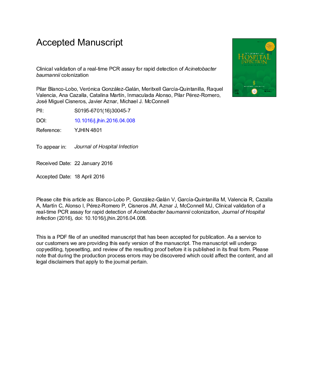 Clinical validation of a real-time polymerase chain reaction assay for rapid detection of Acinetobacter baumannii colonization