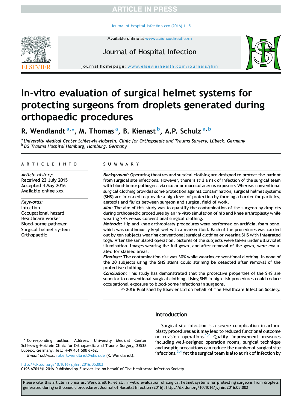 In-vitro evaluation of surgical helmet systems for protecting surgeons from droplets generated during orthopaedic procedures