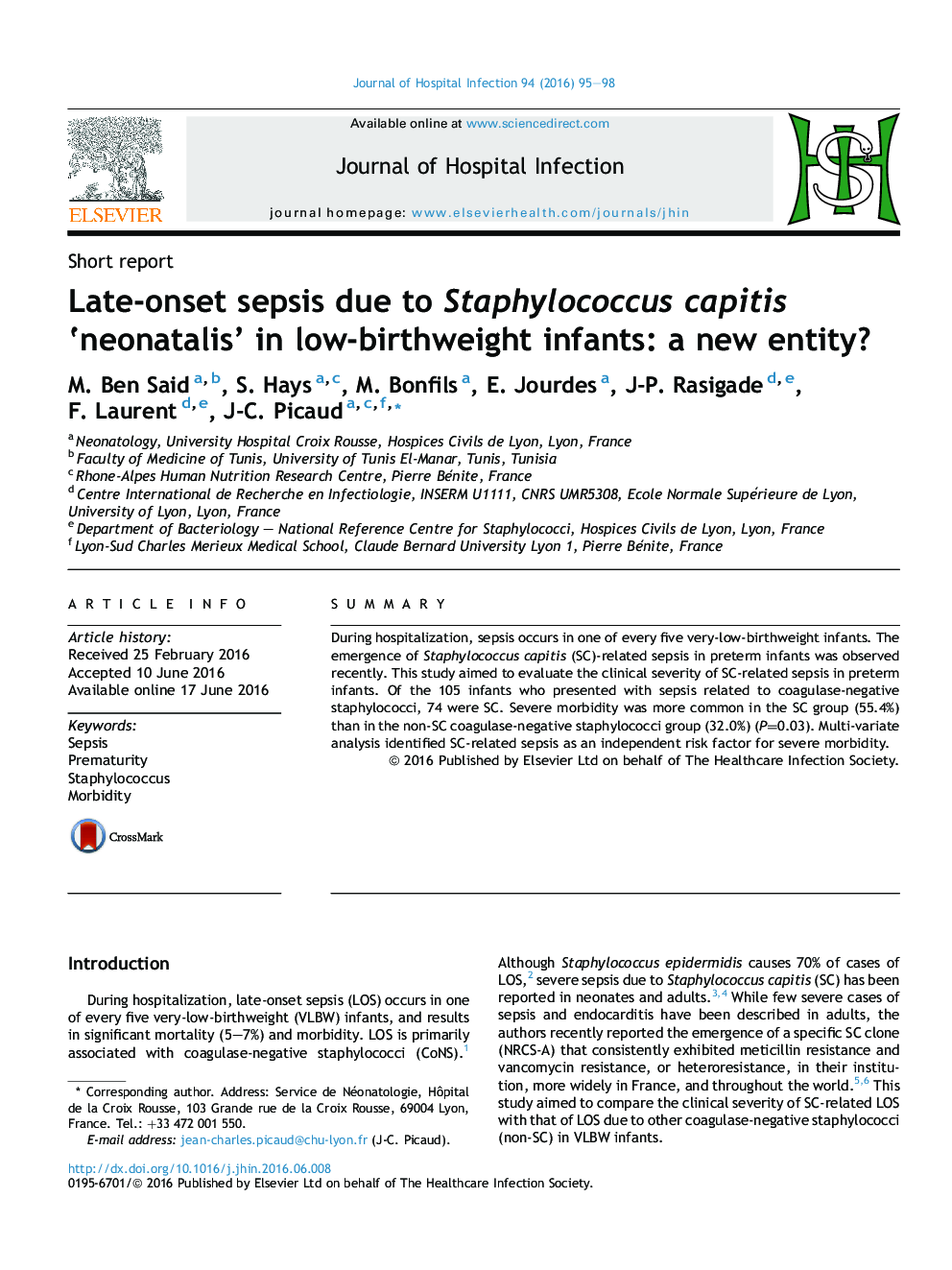 Late-onset sepsis due to Staphylococcus capitis 'neonatalis' in low-birthweight infants: a new entity?