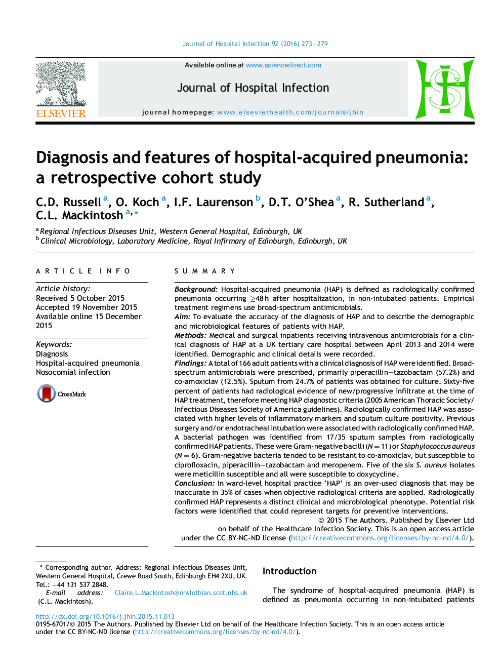 Diagnosis and features of hospital-acquired pneumonia: a retrospective cohort study