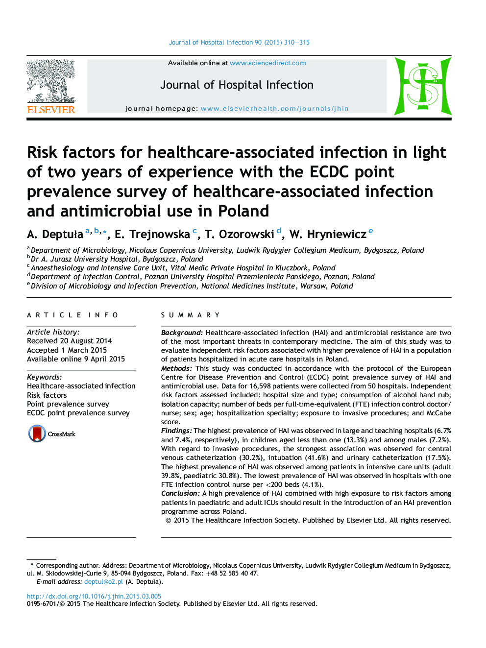 Risk factors for healthcare-associated infection in light of two years of experience with the ECDC point prevalence survey of healthcare-associated infection and antimicrobial use in Poland