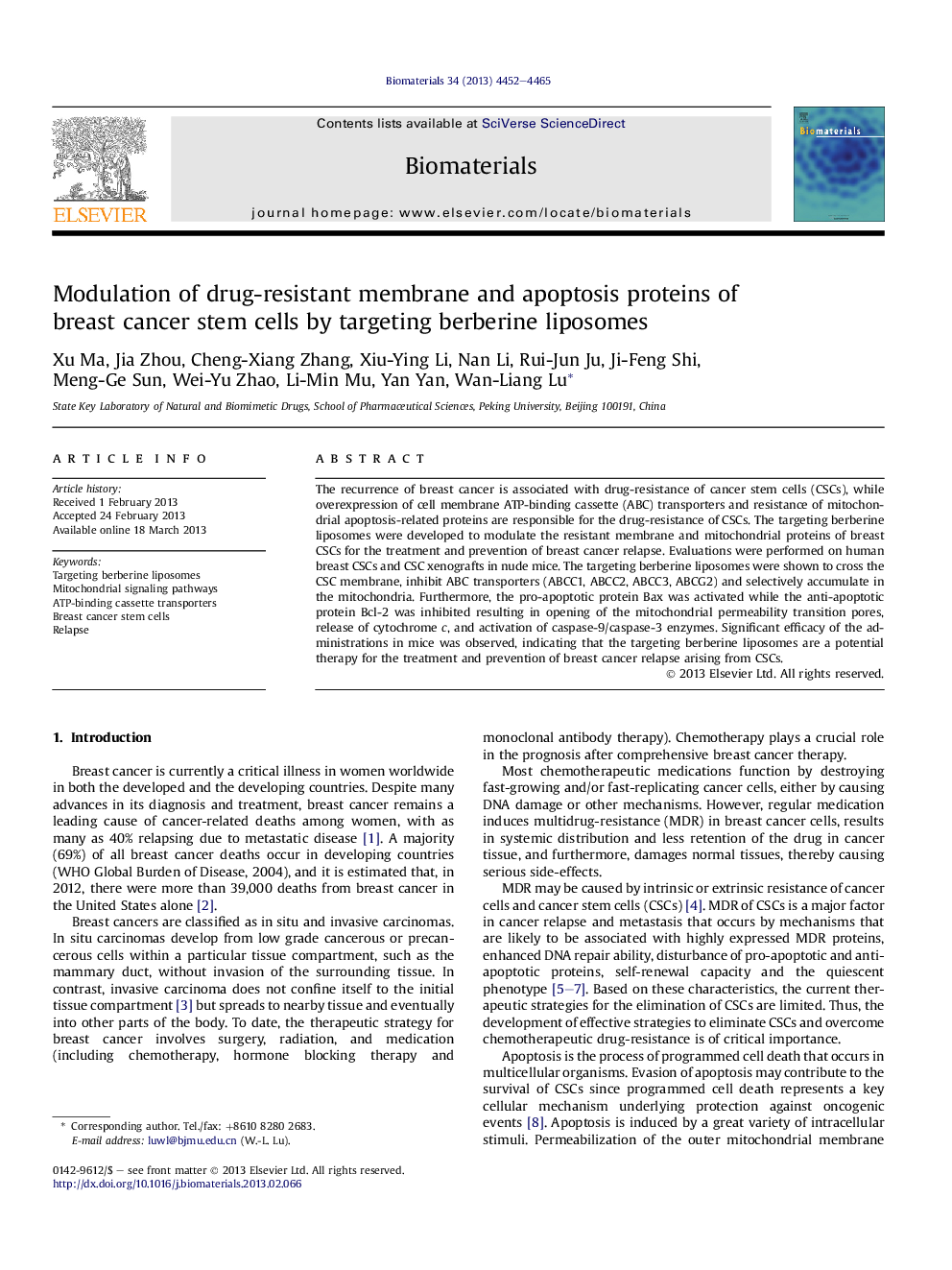 Modulation of drug-resistant membrane and apoptosis proteins of breast cancer stem cells by targeting berberine liposomes