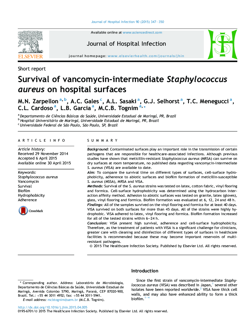 Survival of vancomycin-intermediate Staphylococcus aureus on hospital surfaces