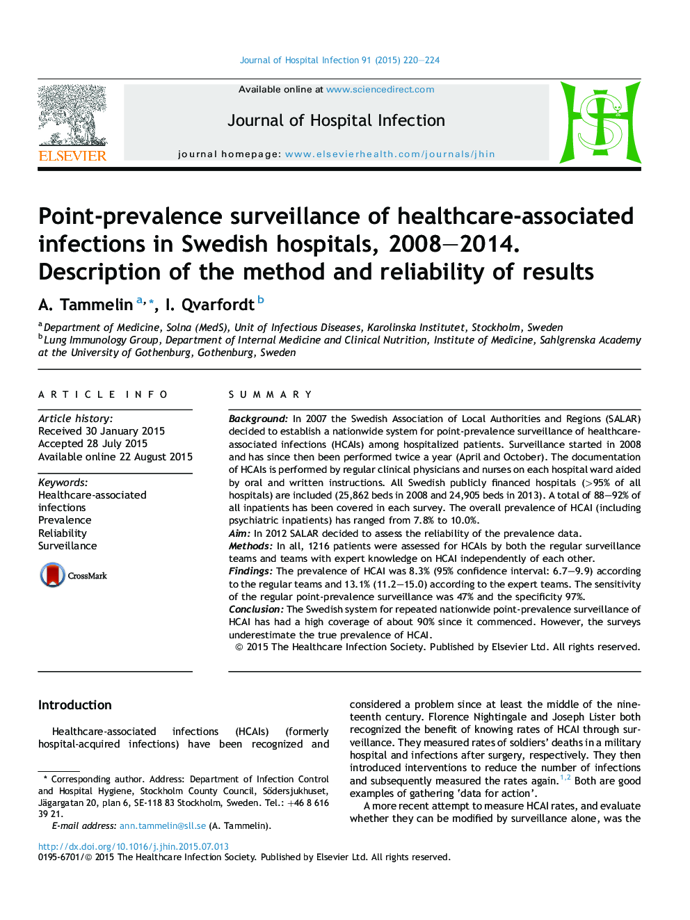 نظارت بر شیوع موارد عفونت های مربوط به مراقبت های بهداشتی در بیمارستان های سوئدی، سال های 2008-2014. شرح روش و قابلیت اطمینان نتایج 