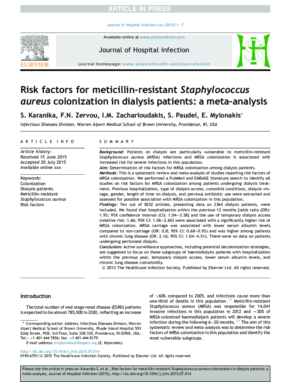 Risk factors for meticillin-resistant Staphylococcus aureus colonization in dialysis patients: a meta-analysis