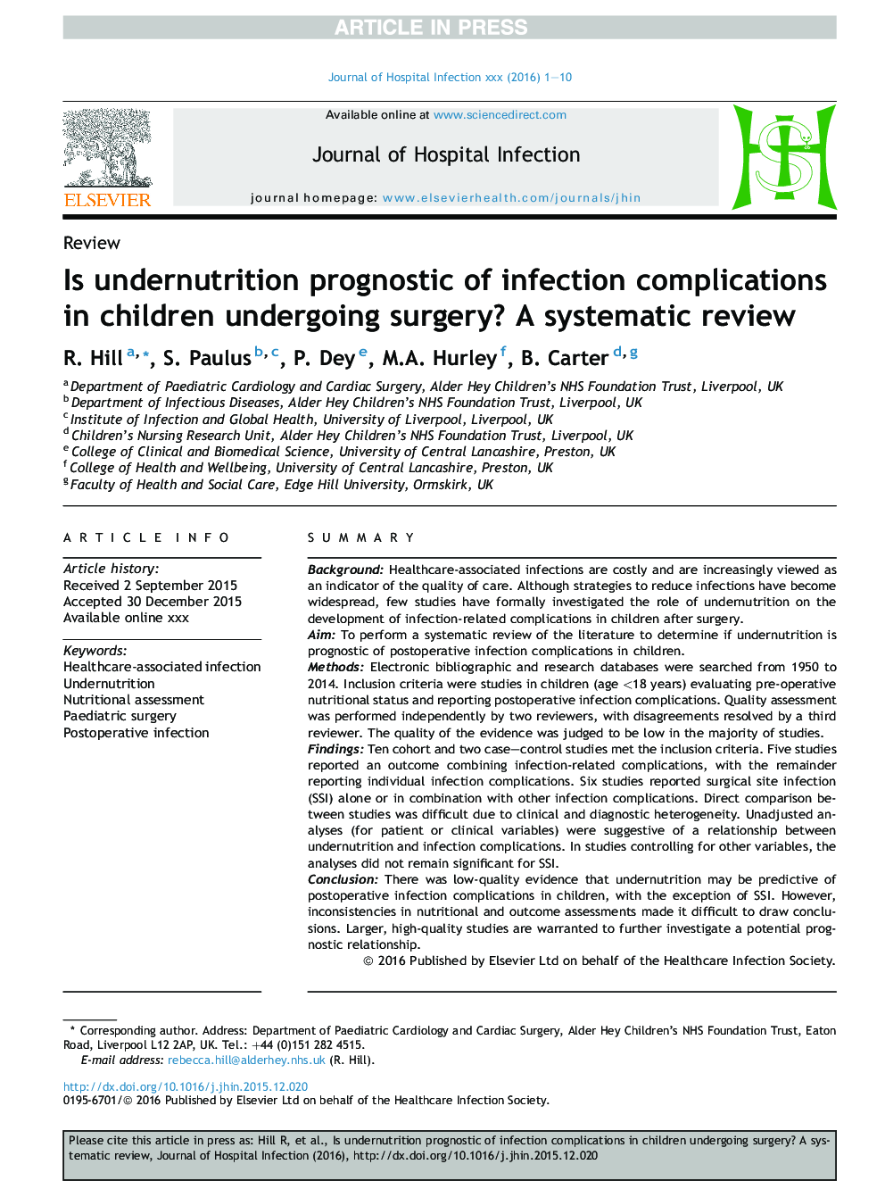 Is undernutrition prognostic of infection complications in children undergoing surgery? A systematic review