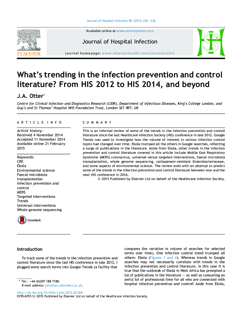 What's trending in the infection prevention and control literature? From HIS 2012 to HIS 2014, and beyond