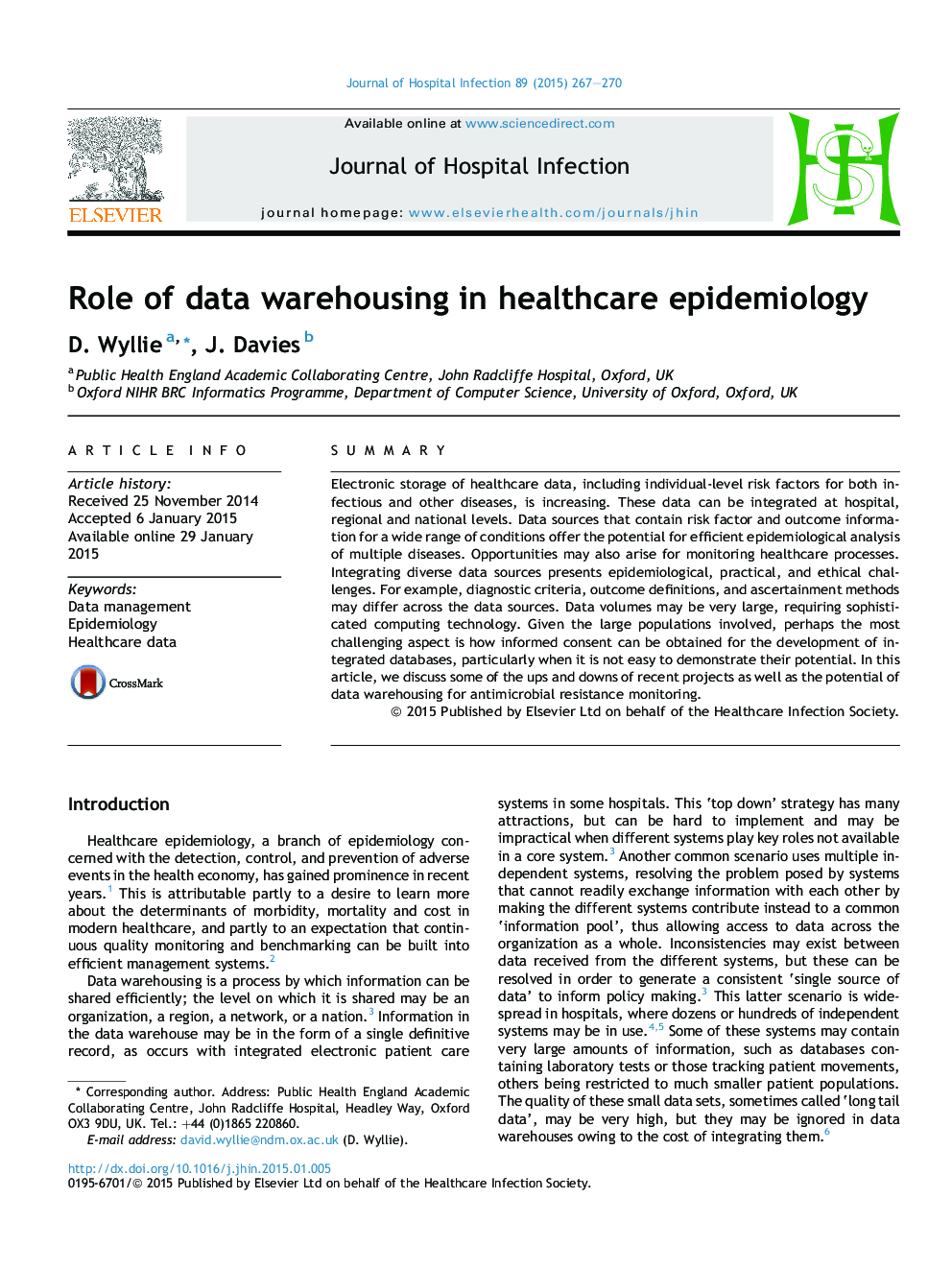 Role of data warehousing in healthcare epidemiology