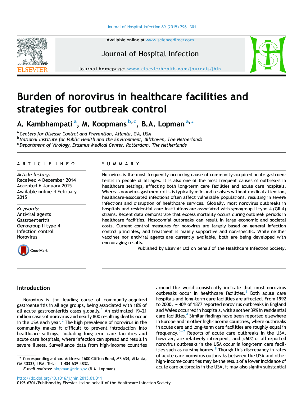 Burden of norovirus in healthcare facilities and strategies for outbreak control