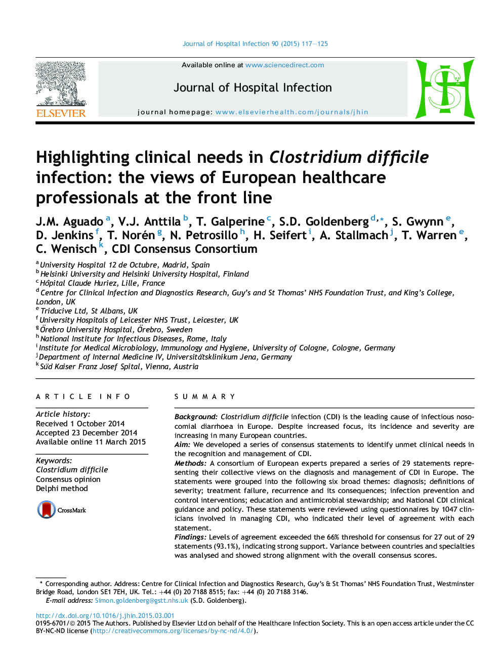 Highlighting clinical needs in Clostridium difficile infection: the views of European healthcare professionals at the front line