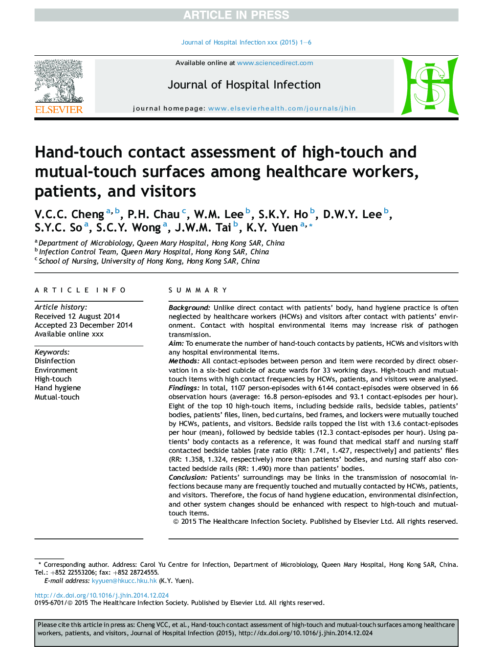 Hand-touch contact assessment of high-touch and mutual-touch surfaces among healthcare workers, patients, and visitors