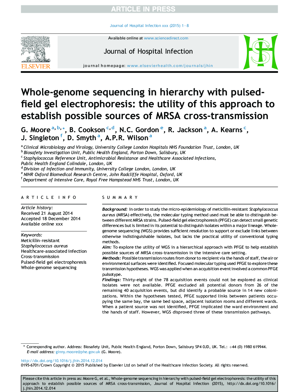 Whole-genome sequencing in hierarchy with pulsed-field gel electrophoresis: the utility of this approach to establish possible sources of MRSA cross-transmission