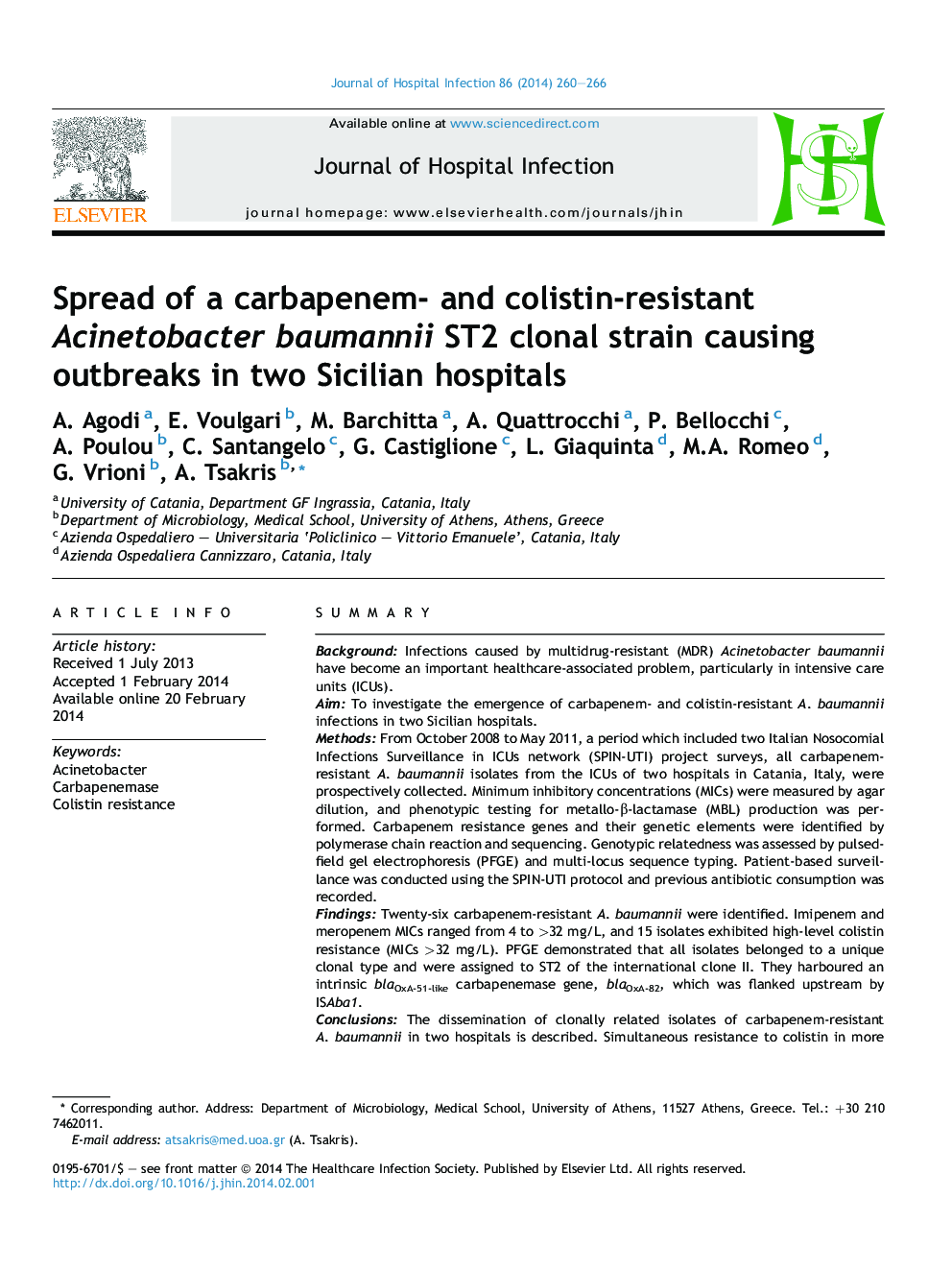 Spread of a carbapenem- and colistin-resistant Acinetobacter baumannii ST2 clonal strain causing outbreaks in two Sicilian hospitals