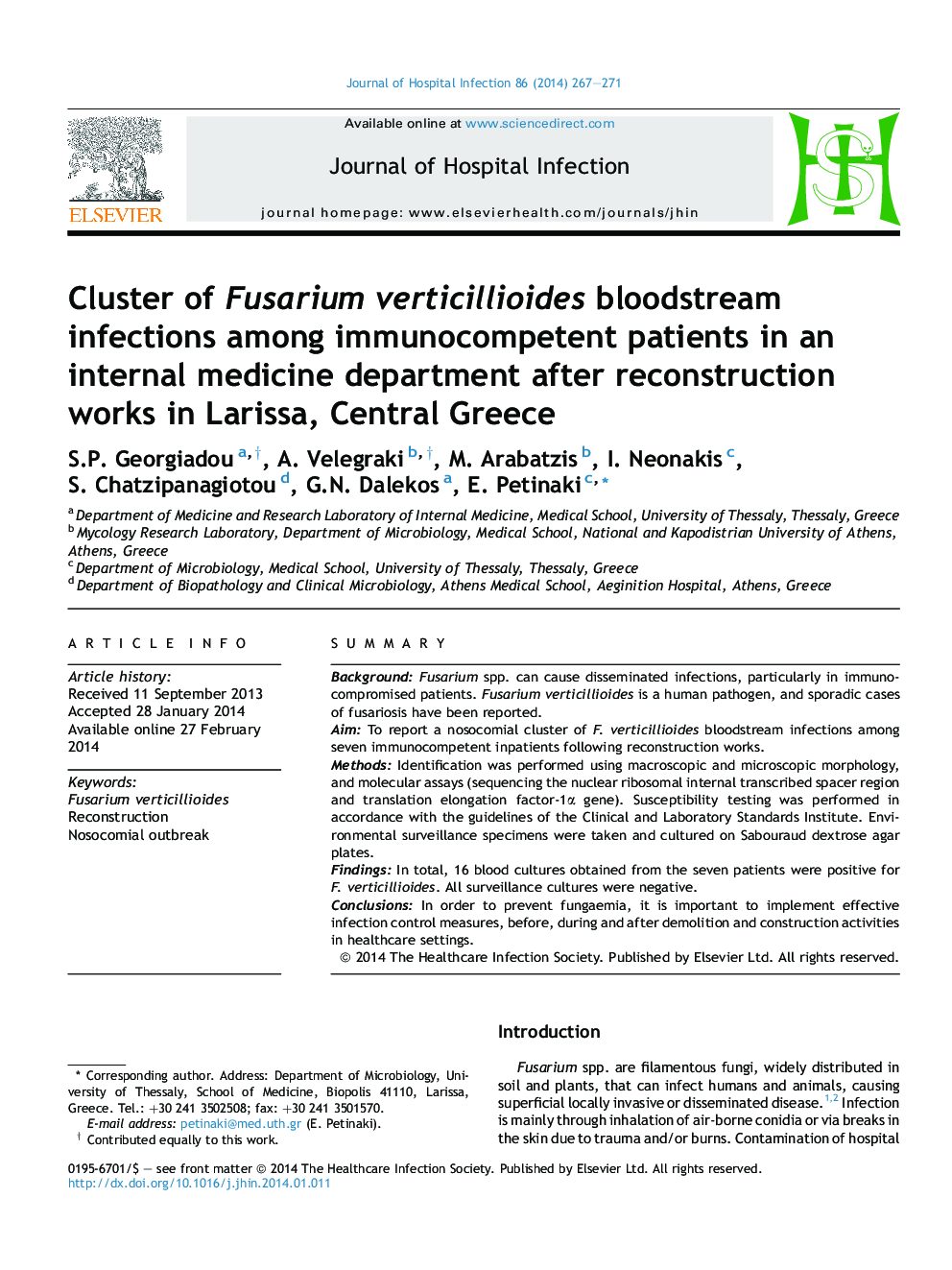 Cluster of Fusarium verticillioides bloodstream infections among immunocompetent patients in an internal medicine department after reconstruction works in Larissa, Central Greece