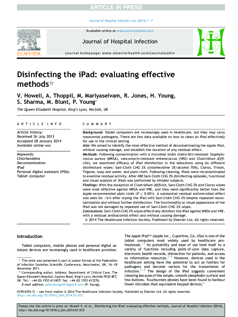 Disinfecting the iPad: evaluating effective methods