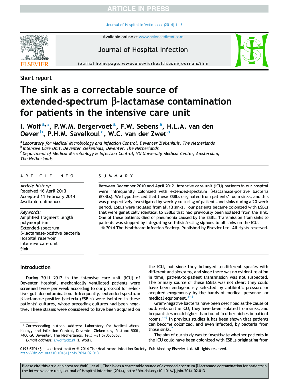 The sink as a correctable source of extended-spectrum Î²-lactamase contamination for patients in the intensive care unit