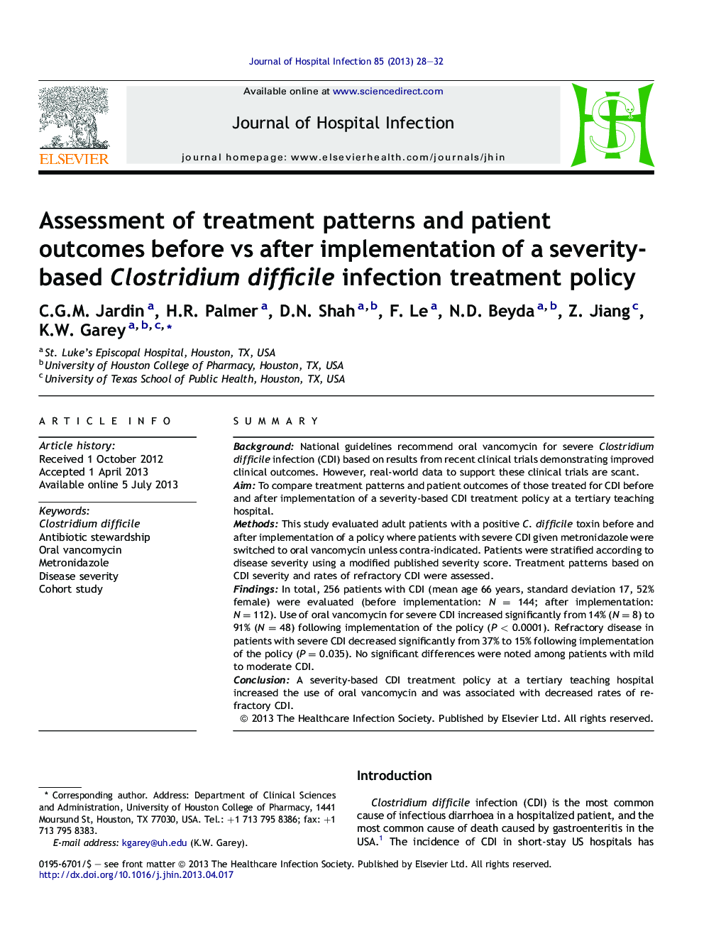 Assessment of treatment patterns and patient outcomes before vs after implementation of a severity-based Clostridium difficile infection treatment policy