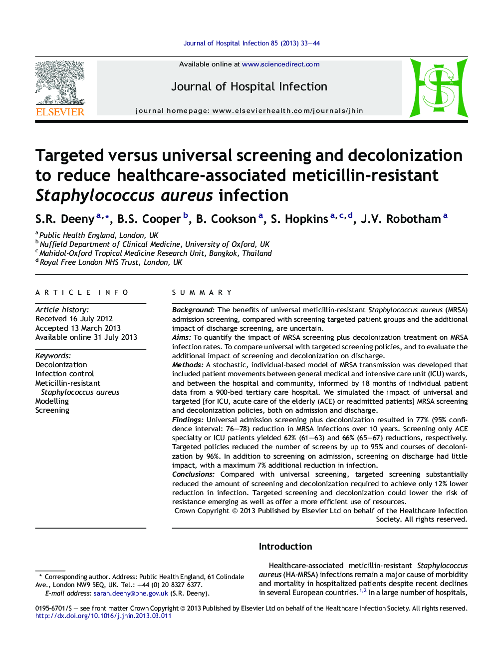 Targeted versus universal screening and decolonization to reduce healthcare-associated meticillin-resistant Staphylococcus aureus infection