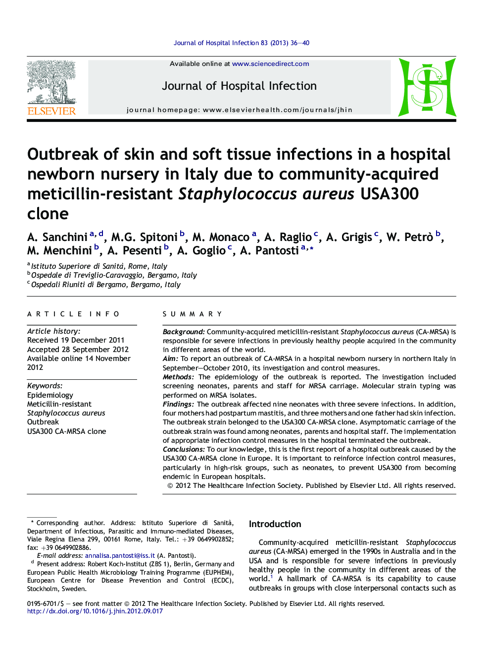 Outbreak of skin and soft tissue infections in a hospital newborn nursery in Italy due to community-acquired meticillin-resistant Staphylococcus aureus USA300 clone