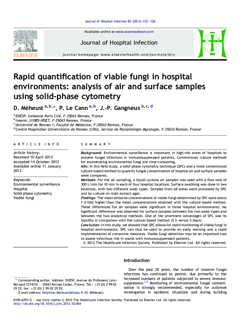 اندازه گیری سریع قارچ های حیاتی در محیط های بیمارستان: تجزیه و تحلیل نمونه های هوا و سطح با استفاده از سی تیومتر فاز جامد 