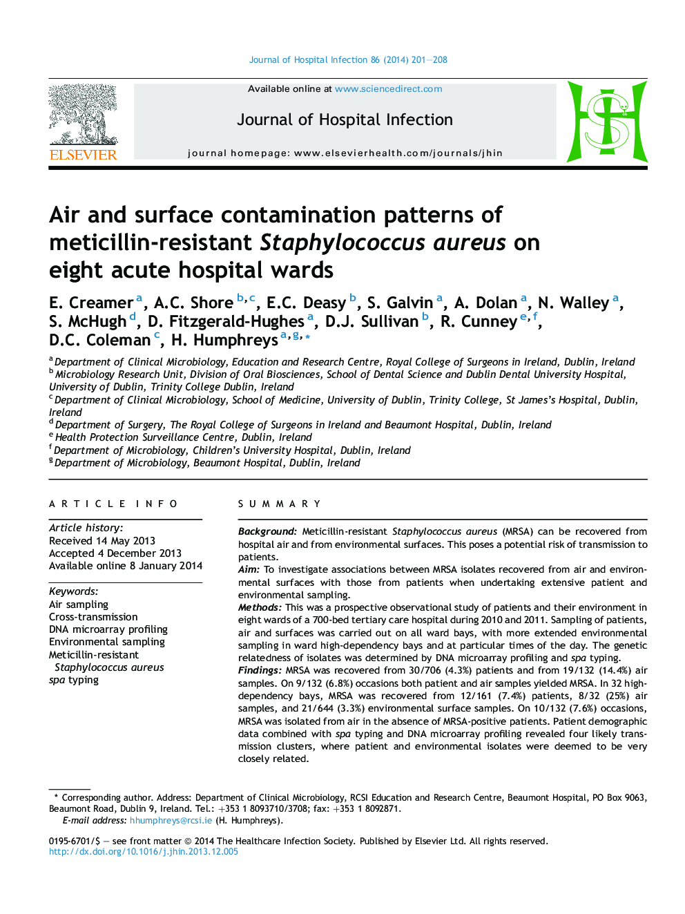 Air and surface contamination patterns of meticillin-resistant Staphylococcus aureus on eightÂ acute hospital wards