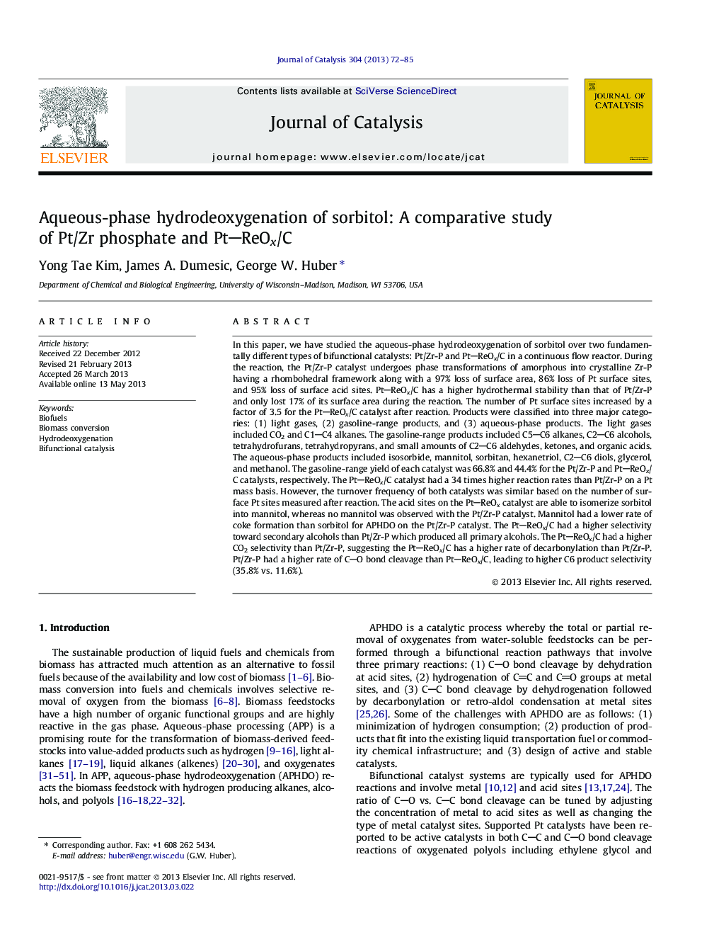 Aqueous-phase hydrodeoxygenation of sorbitol: A comparative study of Pt/Zr phosphate and PtReOx/C