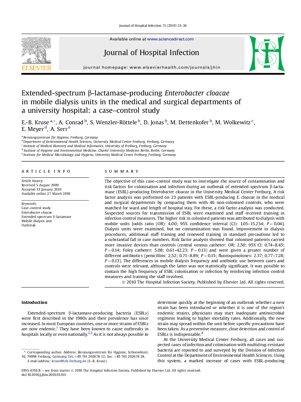 Extended-spectrum Î²-lactamase-producing Enterobacter cloacae in mobile dialysis units in the medical and surgical departments of a university hospital: a case-control study