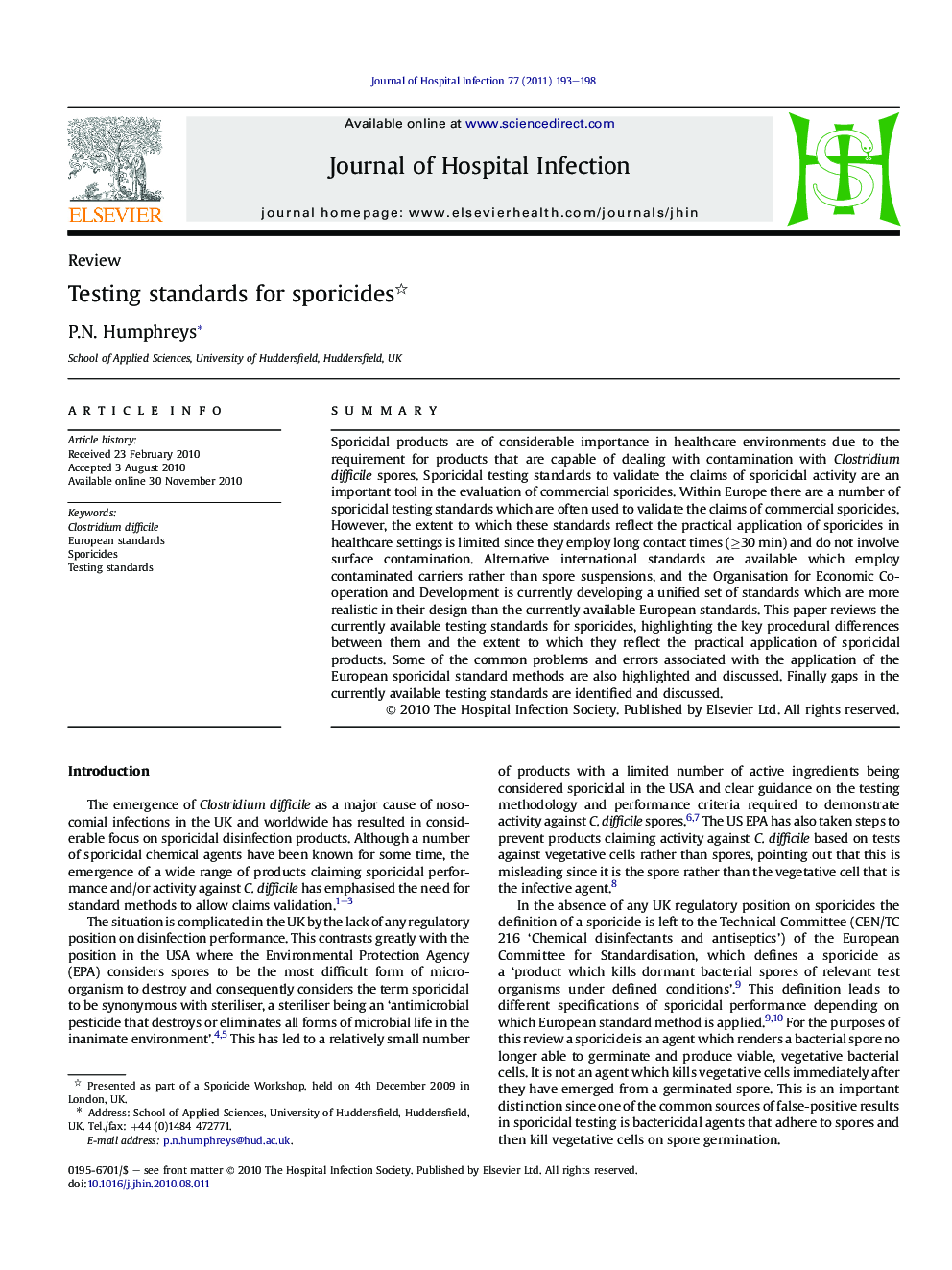 Testing standards for sporicides